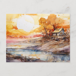 Tarjeta postal de arte de cabaña rústica al atarde