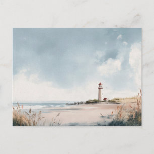Tarjeta postal de arte de faro en acuarela costera