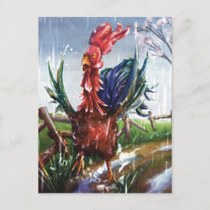 Tarjeta postal de arte de gallo colorido en lluvia