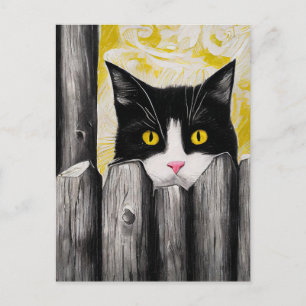 Tarjeta postal de arte de gato esmoquin asomándose