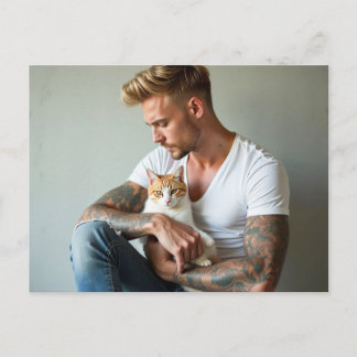 Tarjeta postal de arte de hombres guapos y gatos