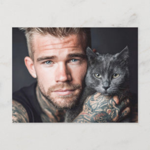 Tarjeta postal de arte de hombres guapos y gatos