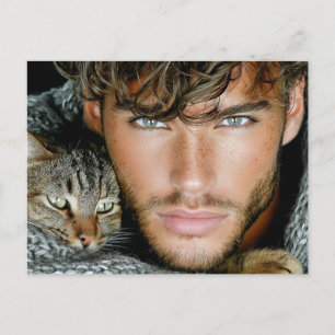Tarjeta postal de arte de hombres guapos y gatos