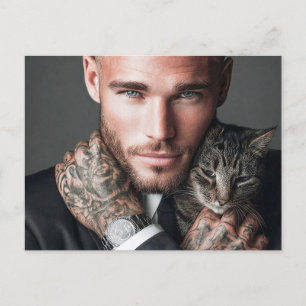 Tarjeta postal de arte de hombres guapos y gatos