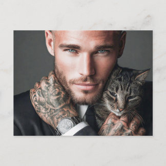 Tarjeta postal de arte de hombres guapos y gatos