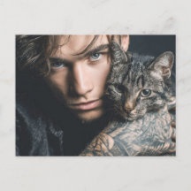 Tarjeta postal de arte de hombres guapos y gatos