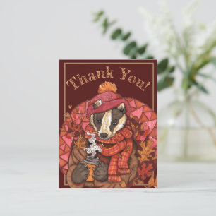 Tarjeta postal de arte de tejón de otoño acogedor