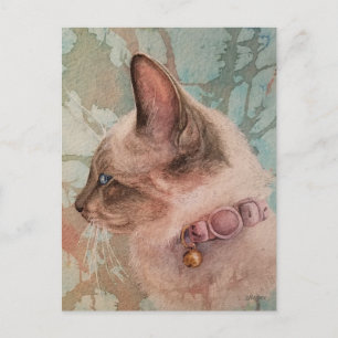 Tarjeta postal de arte en acuarela de gatito siamé