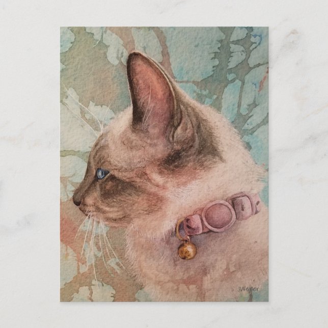 Tarjeta postal de arte en acuarela de gatito siamé (Anverso)
