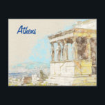 Tarjeta postal de Atenas Grecia – Viajes a la ciud<br><div class="desc">Tarjeta postal de Atenas Grecia: tarjeta de recuerdo de viaje de la ciudad antigua,  ilustración vintage de la Acrópolis</div>