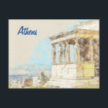 Tarjeta postal de Atenas Grecia – Viajes a la ciud<br><div class="desc">Tarjeta postal de Atenas Grecia: tarjeta de recuerdo de viaje de la ciudad antigua,  ilustración vintage de la Acrópolis</div>