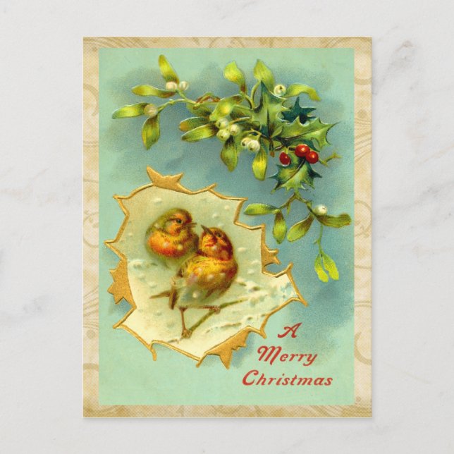 Tarjeta postal de aves navideñas vintage (Anverso)