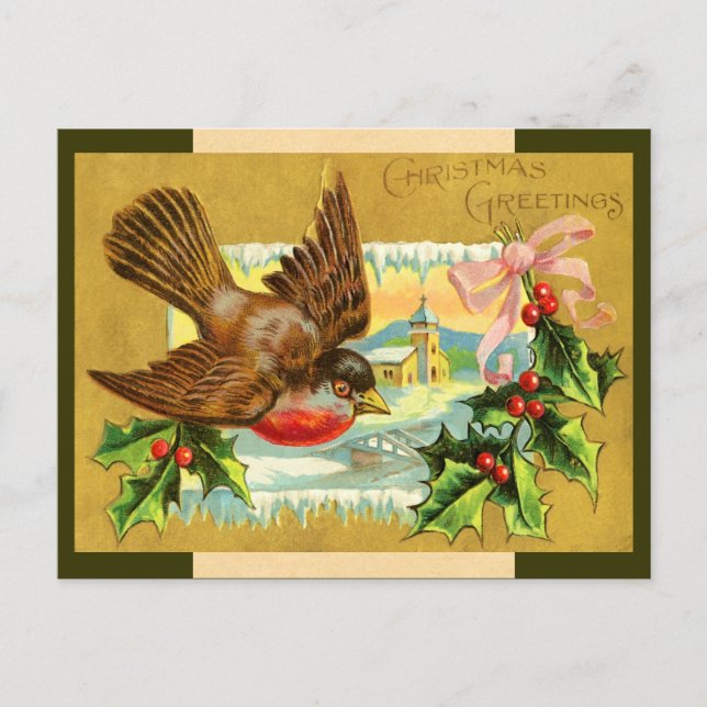 Tarjeta postal de aves navideñas vintage (Anverso)