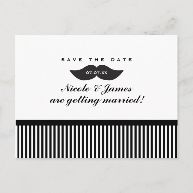 Tarjeta postal de aviso de boda Bigote Negro y Bla (Anverso)