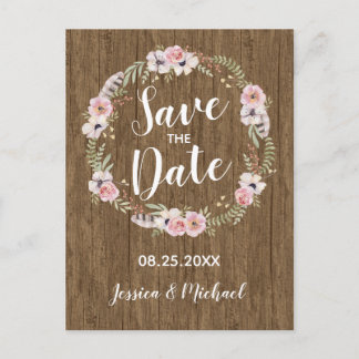 Tarjeta postal de aviso de boda Boho rústica con f