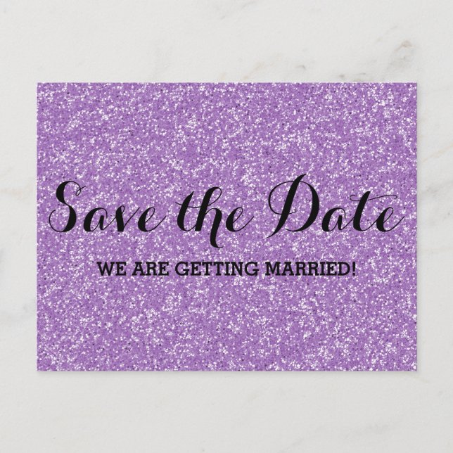 Tarjeta postal de aviso de boda con brillo morado (Anverso)
