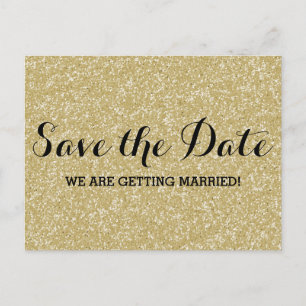 Tarjeta postal de aviso de boda con purpurina dora