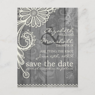 Tarjeta Postal de Aviso de Boda de Encaje y Madera