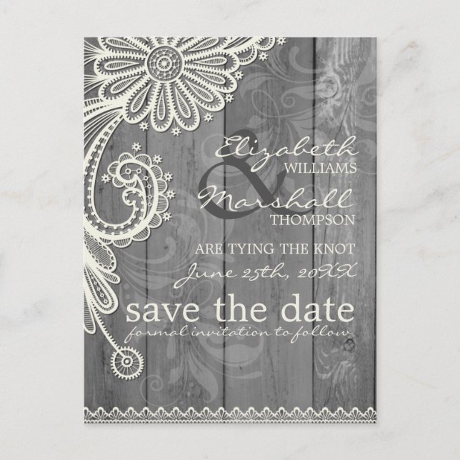 Tarjeta Postal de Aviso de Boda de Encaje y Madera (Anverso)
