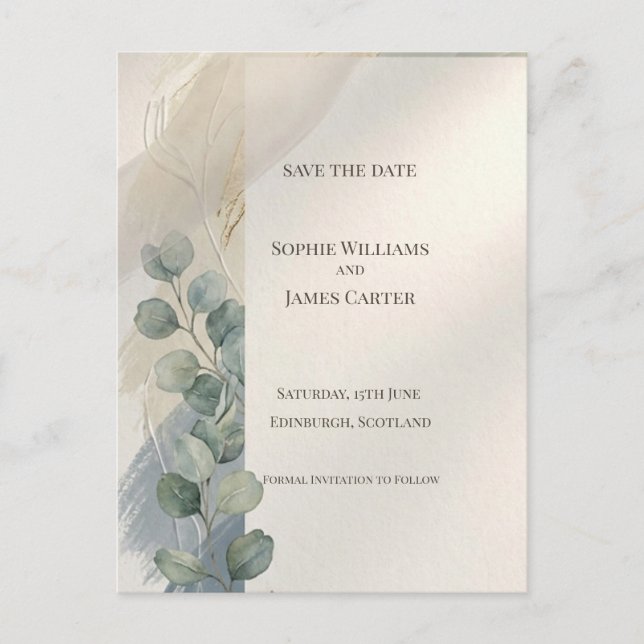 Tarjeta Postal de Aviso de Boda de Eucalipto Gris  (Anverso)