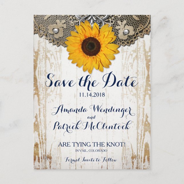 Tarjeta postal de aviso de boda de girasol rústico (Anverso)
