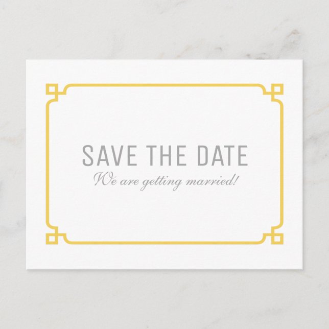Tarjeta postal de aviso de boda Deco Chic Amarillo (Anverso)