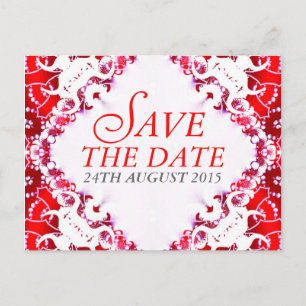 Tarjeta postal de aviso de boda en batik rojo y bl
