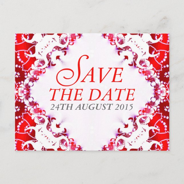 Tarjeta postal de aviso de boda en batik rojo y bl (Anverso)