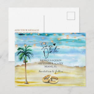 Tarjeta postal de aviso de boda en la playa