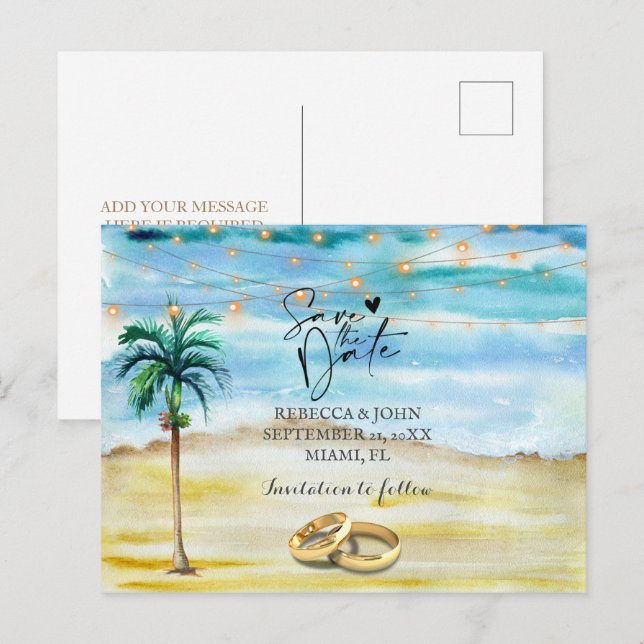 Tarjeta postal de aviso de boda en la playa (Anverso / Reverso)