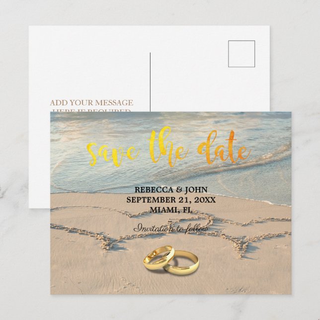 Tarjeta postal de aviso de boda en la playa (Anverso / Reverso)