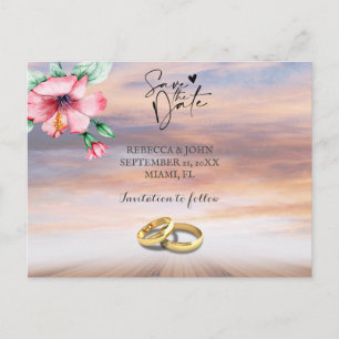Tarjeta postal de aviso de boda en la playa