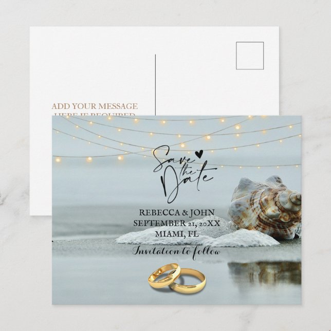 Tarjeta postal de aviso de boda en la playa (Anverso / Reverso)