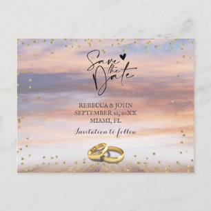 Tarjeta postal de aviso de boda en la playa