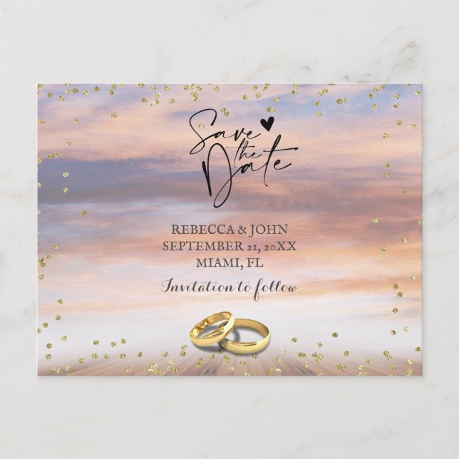 Tarjeta postal de aviso de boda en la playa (Anverso)