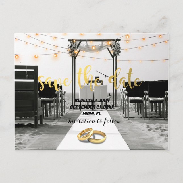 Tarjeta postal de aviso de boda en la playa (Anverso)