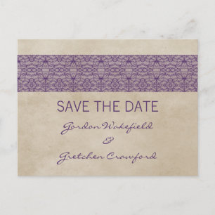 Tarjeta postal de aviso de boda Lace Rustic Purple