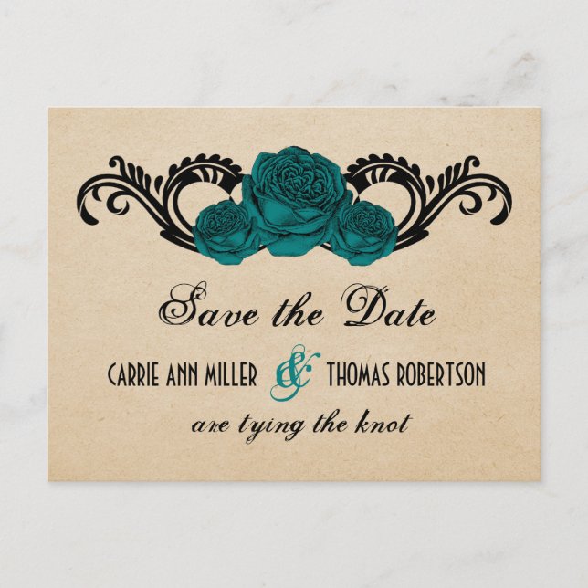 Tarjeta Postal de Aviso de Boda Rosas Giradas Góti (Anverso)