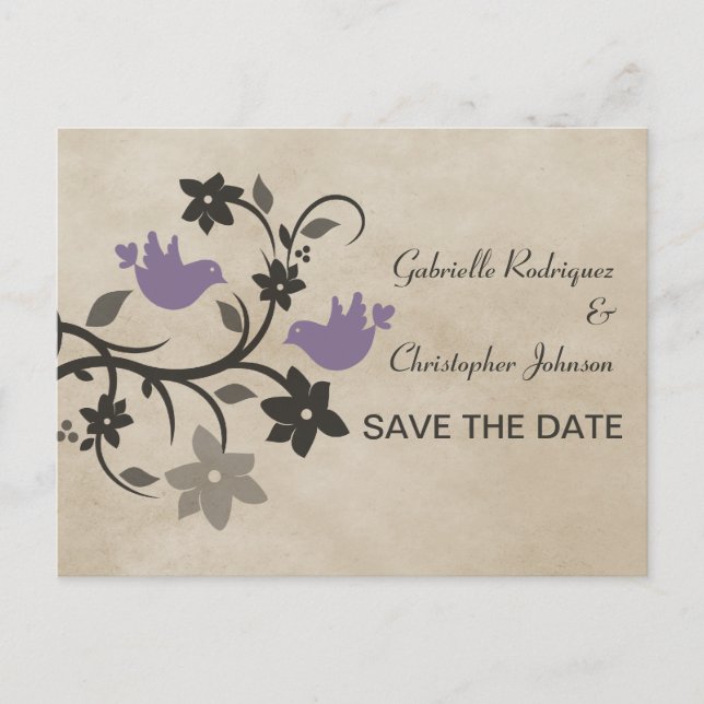 Tarjeta postal de aviso de bodas con pájaros de am (Anverso)