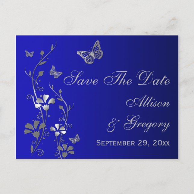 Tarjeta postal de aviso de fecha de azul, mariposa (Anverso)
