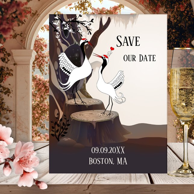 Tarjeta postal de aviso de fecha de boda con grull (Save the Date postcard featuring a drawing of Japanese cranes at the edge of a forest.)