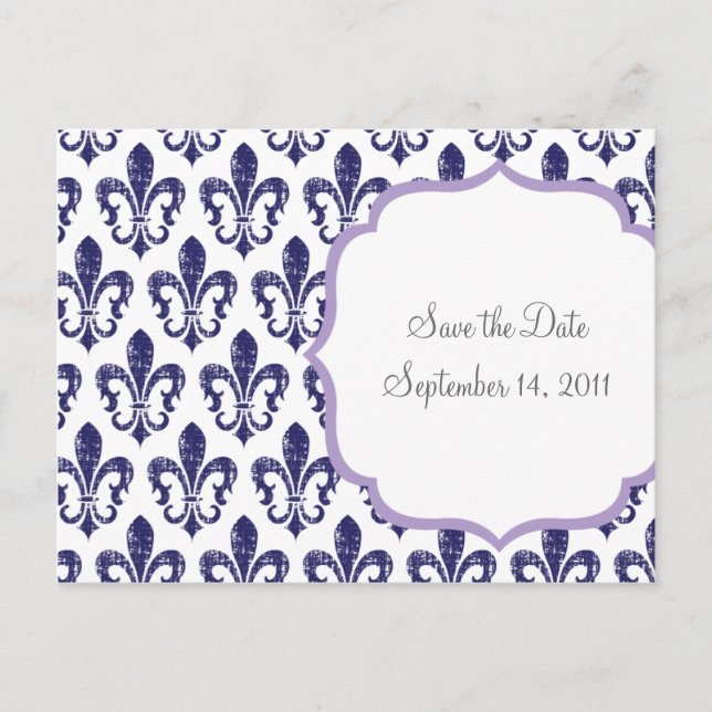 Tarjeta postal de aviso de fecha de boda Navy/Lave (Anverso)