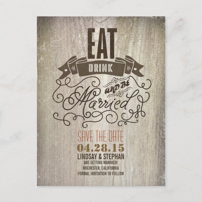 Tarjeta postal de aviso de fecha de bodas Eat Drin (Anverso)