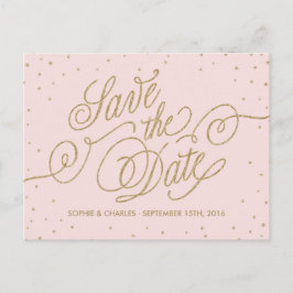 Tarjeta postal de aviso de fecha rosa y dorado con