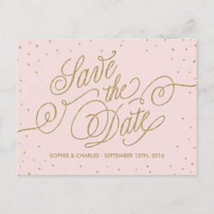 Tarjeta postal de aviso de fecha rosa y dorado con