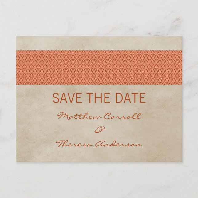 Tarjeta postal de aviso de Orange Rustic Damask (Anverso)