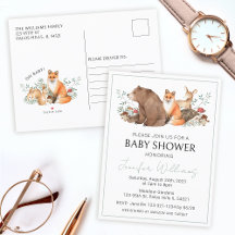Tarjeta postal de baby shower de animales del bosq