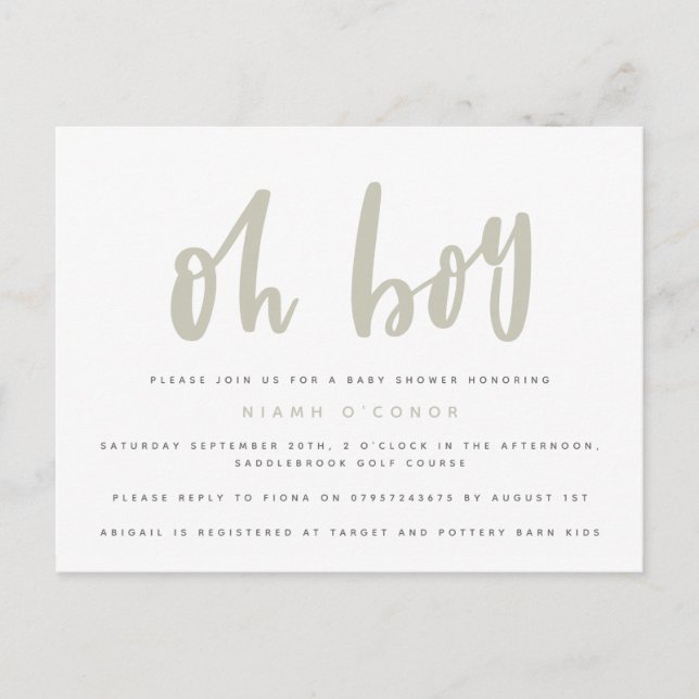 Tarjeta postal de baby shower Oh chico. (Anverso)