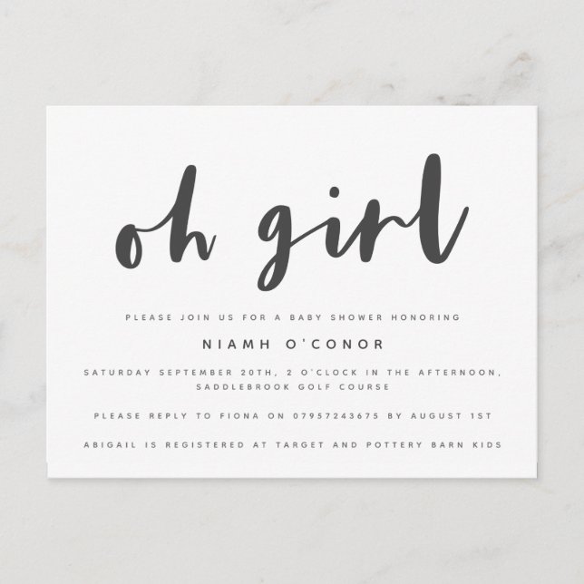 Tarjeta postal de baby shower para niña. (Anverso)