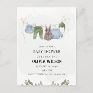 Tarjeta postal de baby shower verde beige pastel